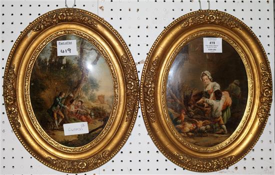 Pair French painted glass pictures